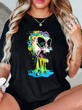 Women'WB shield Cartoon Skull Print Round Neck Tee, Fashion Casual Crew Neck T-Shirt for Daily Holiday Vacation Outdoor...