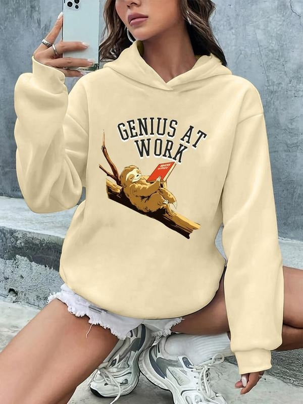 Women'WB shield Cartoon Sloth & Letter Print Drop Shoulder Hoodie, Fashion Casual Hooded Sweatshirt for Daily Holiday...