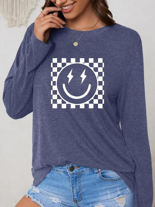 Women'WB shield Cartoon Smile TNF & Plaid Print Round Neck Tee, Fashion Casual Long Sleeve T-shirt for Daily Wear, Ladies...