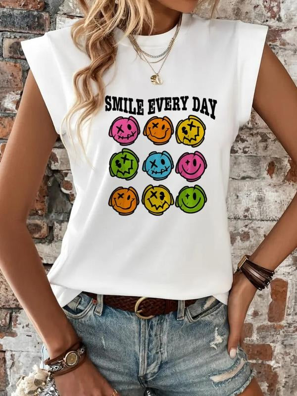 Women'WB shield Cartoon Smile TNF Print Round Neck Tee, Fashion Casual Crew Neck T-Shirt for Daily Holiday Vacation...