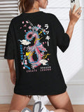 Women'WB shield Cartoon Spiky hair fighters & Letter Print Drop Shoulder Tee, Street Fashion Casual Half Sleeve Round...