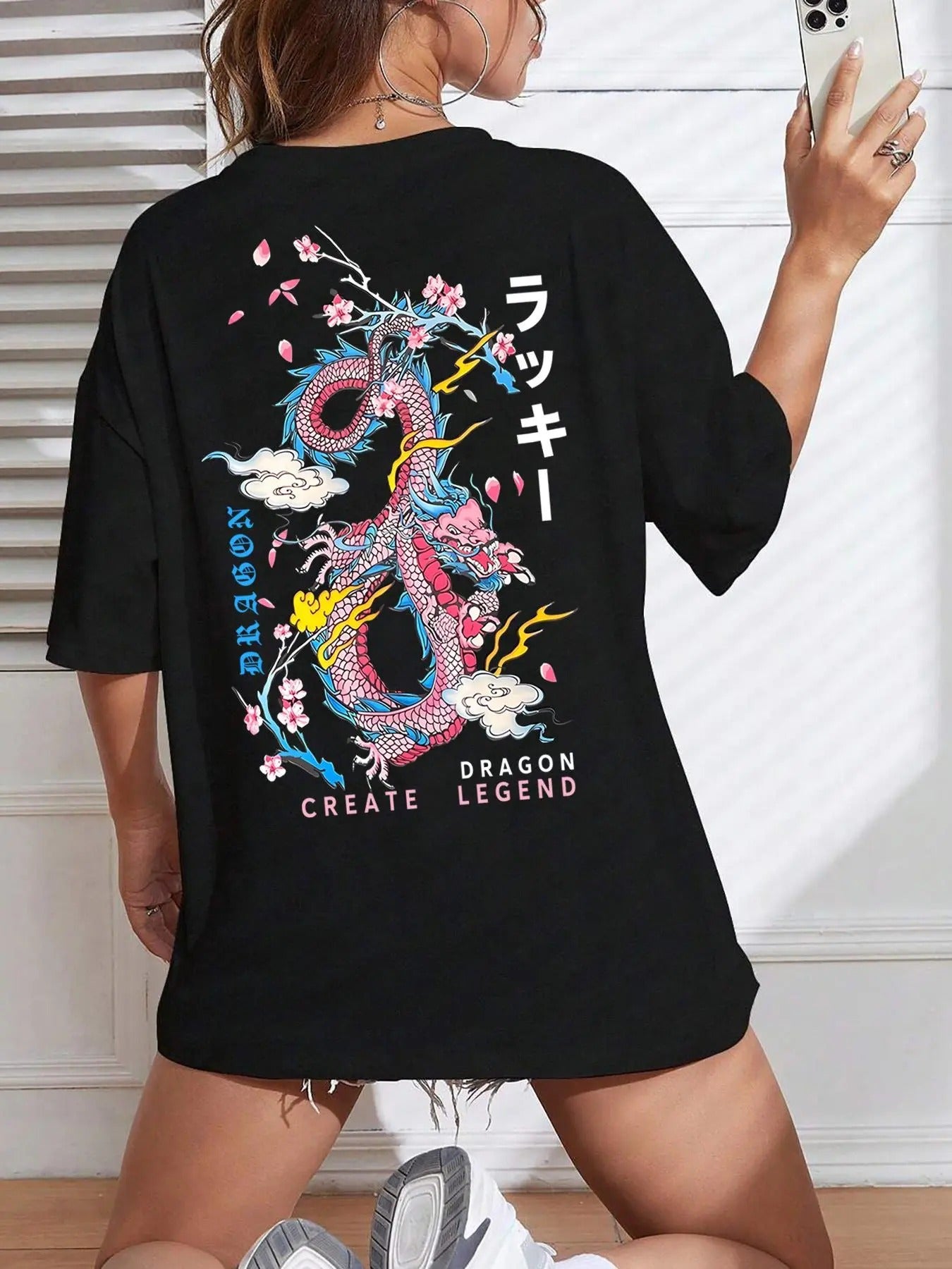 Women'WB shield Cartoon Spiky hair fighters & Letter Print Drop Shoulder Tee, Street Fashion Casual Half Sleeve Round...