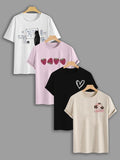 Women'WB shield Cartoon Strawberry Print Round Neck Tee, Casual Cute Heart & Cartoon Cat Print Short Sleeve T-Shirt for...
