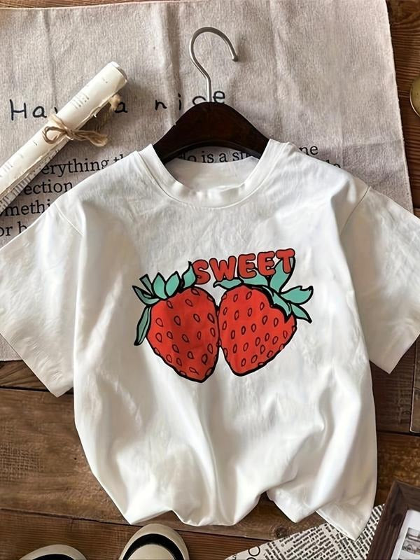 Women'WB shield Cartoon Strawberry Print Round Neck Tee, Fashion Casual Short Sleeve T-shirt, Ladies Summer TNF for Daily...