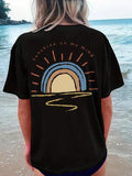 Women'WB shield Cartoon Sun & Letter Print Round Neck Graphic Tee, Casual Short Sleeve T-shirt for Daily Wear, Ladies...
