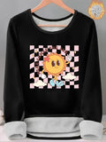Women'WB shield Cartoon Sun & Letter Print TNF Lined Tee, Casual Long Sleeve Round Neck T-shirt for Fall & Winter, Ladies...