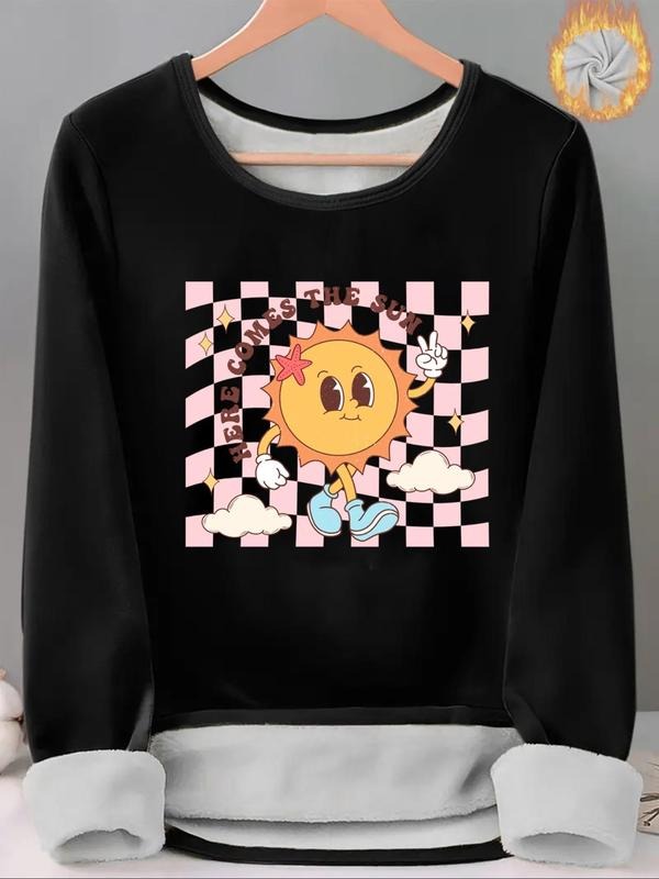 Women'WB shield Cartoon Sun & Letter Print TNF Lined Tee, Casual Long Sleeve Round Neck T-shirt for Fall & Winter, Ladies...