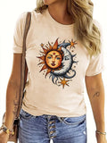 Women'WB shield Cartoon Sun & Moon Print Round Neck Graphic Tee, Trendy Casual Short Sleeve T-shirt for Daily Wear,...
