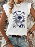 Women'WB shield Cartoon Sunset Print Round Neck Tee, Fashion Casual Crew Neck T-Shirt for Daily Holiday Vacation Outdoor...