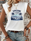 Women'WB shield Cartoon Surfing & Beach Print Round Neck Tee, Casual Short Sleeve Crew Neck T-shirt for Daily Wear,...