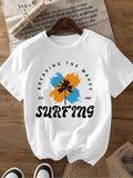 Women'WB shield Cartoon Surfing Print Round Neck Tee, Fashion Casual Crew Neck T-Shirt for Daily Holiday Vacation Outdoor...