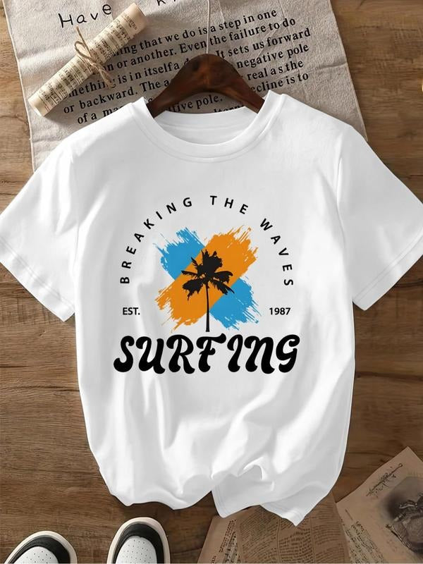 Women'WB shield Cartoon Surfing Print Round Neck Tee, Fashion Casual Crew Neck T-Shirt for Daily Holiday Vacation Outdoor...