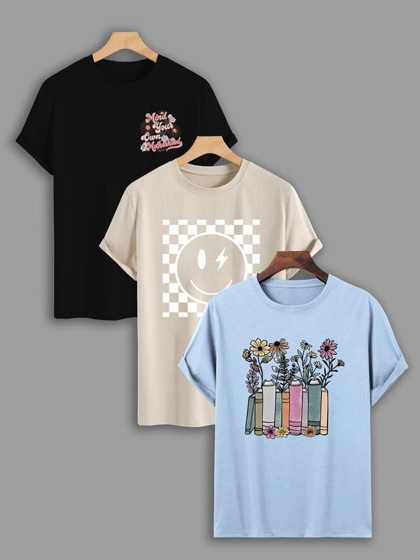 Women'WB shield Cartoon TNF & Floral Print Drop Shoulder Tee, Fashion Casual Crew Neck T-Shirt for Daily Holiday Vacation...
