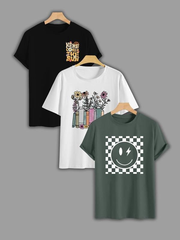Women'WB shield Cartoon TNF & Floral Print Round Neck Tee, Casual Letter Print Short Sleeve T-shirt, Ladies Summer TNF...