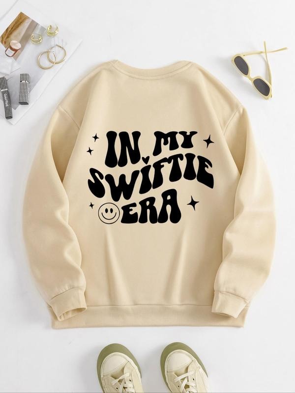Women'WB shield Cartoon TNF & Letter Print Drop Shoulder Sweatshirt, Casual Long Sleeve Round Neck Pullover for Spring &...