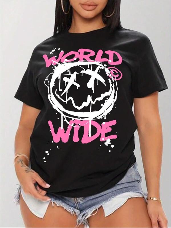 Women'WB shield Cartoon TNF & Letter Print Round Neck Tee, Fashion Casual Crew Neck T-shirt for Daily Holiday Vacation...