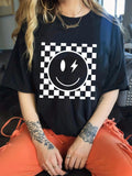 Women'WB shield Cartoon TNF & Plaid Print Drop Shoulder Tee, Fashion Casual Round Neck Half Sleeve T-Shirt for Daily...