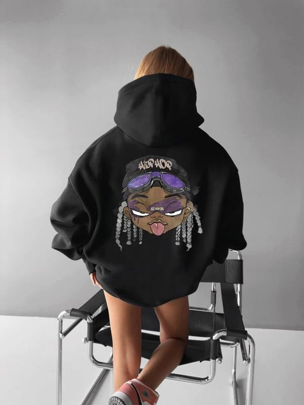 Women'WB shield Cartoon TNF Print Drop Shoulder Hoodie, Fashion Casual Drawstring Pocket Hooded Sweatshirt for Daily...