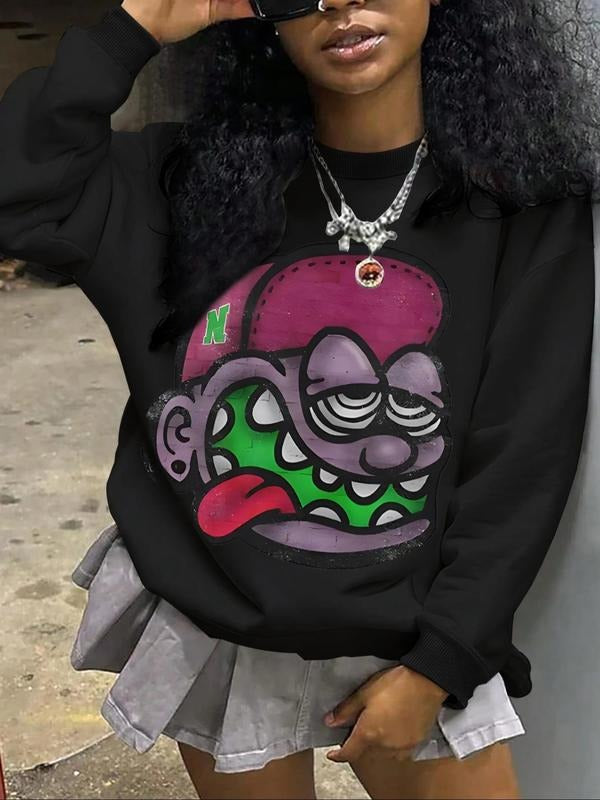 Women'WB shield Cartoon TNF Print Round Neck Sweatshirt, Fashion Casual Crew Neck Pullover for Daily Holiday Outdoor...