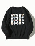 Women'WB shield Cartoon Tooth Print Drop Shoulder Sweatshirt, Casual Long Sleeve Round Neck Pullover for Fall & Winter,...