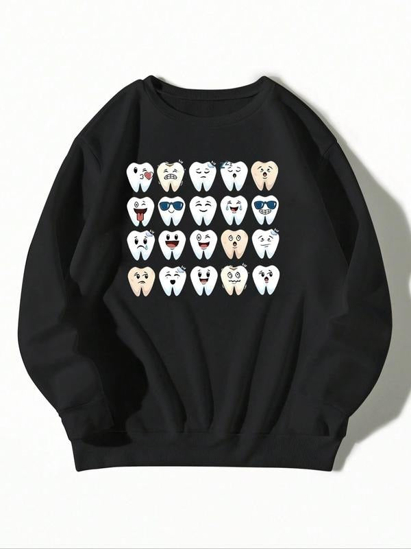 Women'WB shield Cartoon Tooth Print Drop Shoulder Sweatshirt, Casual Long Sleeve Round Neck Pullover for Fall & Winter,...