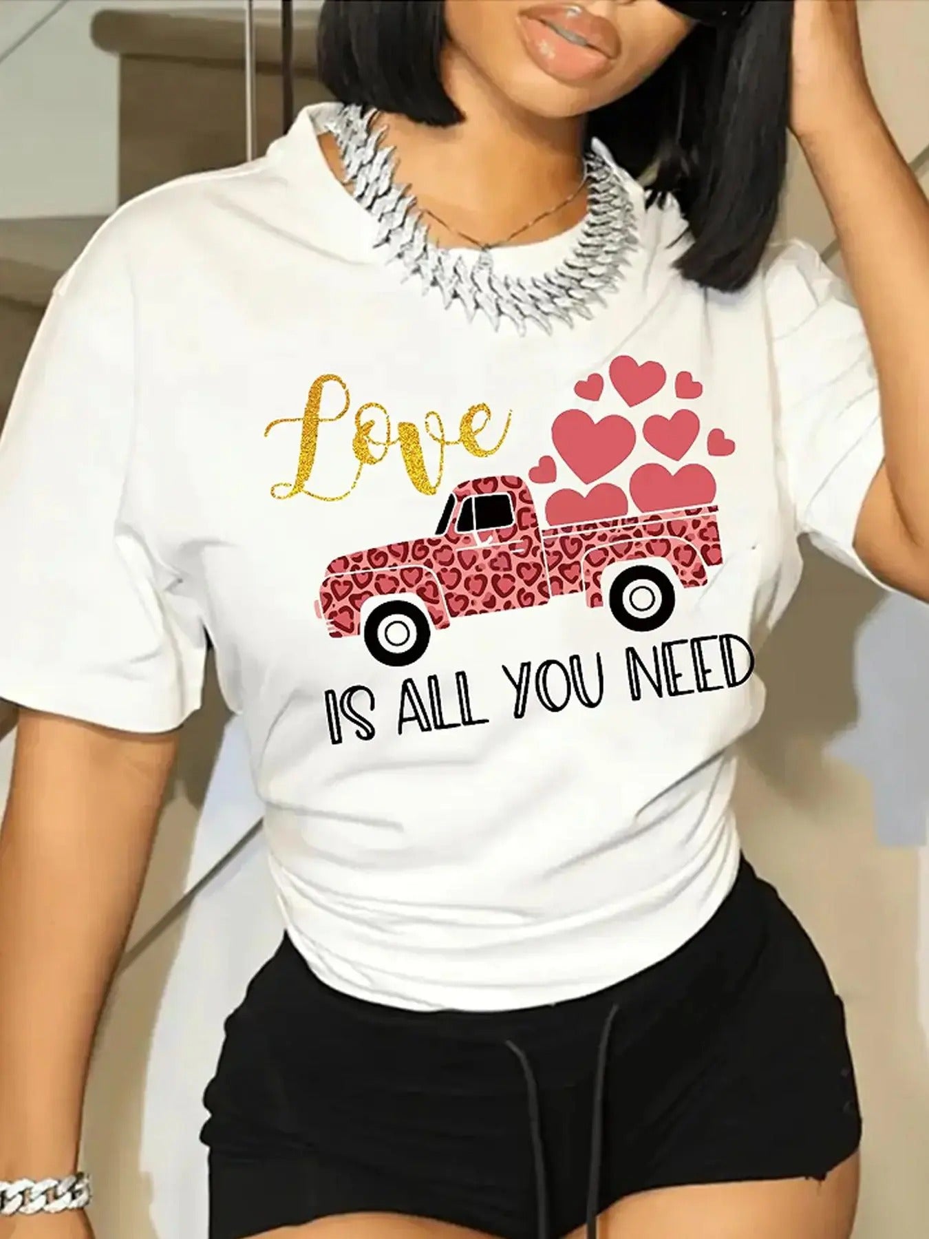 Women'WB shield Cartoon Truck & Letter Print Round Neck Tee, Casual Short Sleeve T-shirt for Spring & Fall, Women'WB...