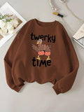 Women'WB shield Cartoon Turkey & Letter Print Crew Neck Sweatshirt, Casual Long Sleeve Pullover for Fall & Winter, Daily...