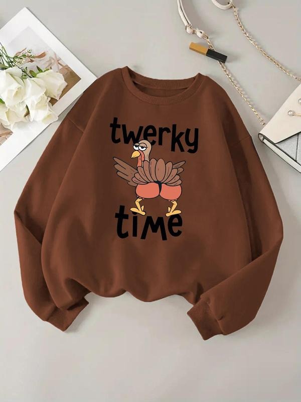 Women'WB shield Cartoon Turkey & Letter Print Crew Neck Sweatshirt, Casual Long Sleeve Pullover for Fall & Winter, Daily...