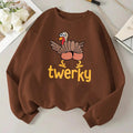 Women'WB shield Cartoon Turkey & Letter Print Crew Neck Sweatshirt, Casual Long Sleeve Pullover for Fall & Winter,...