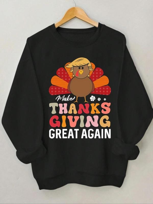 Women'WB shield Cartoon Turkey & Letter Print Drop Shoulder Sweatshirt, Casual Long Sleeve Round Neck Pullover for Fall &...