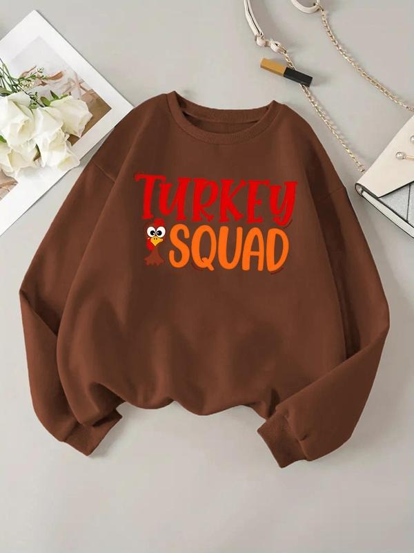 Women'WB shield Cartoon Turkey & Letter Print Drop Shoulder TNF Lined Sweatshirt, Casual Long Sleeve Round Neck Pullover...