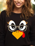 Women'WB shield Cartoon Turkey Print Drop Shoulder Sweatshirt, Casual Long Sleeve Round Neck Pullover for Fall & Winter,...