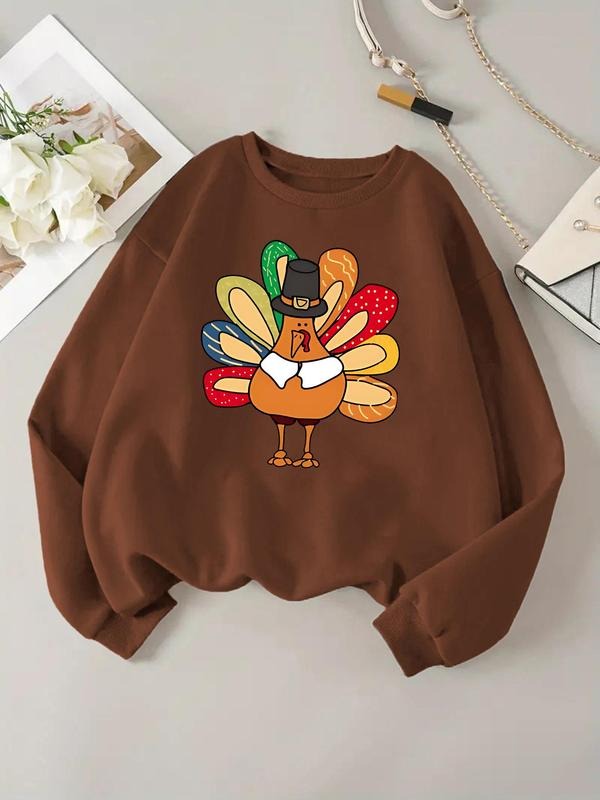 Women'WB shield Cartoon Turkey Print Round Neck Sweatshirt, Casual Long Sleeve Pullover, Women'WB shield Fall & Winter...