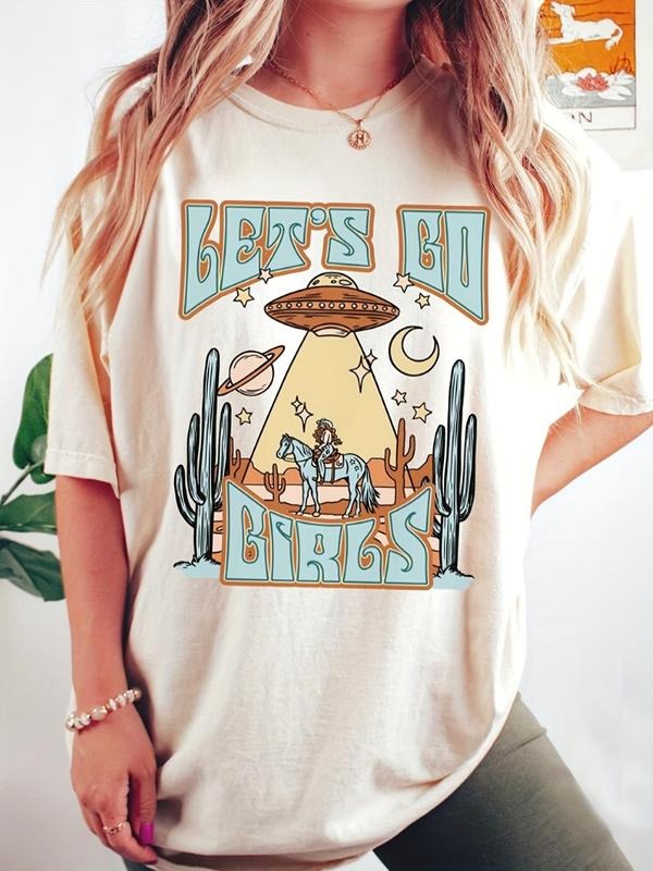 Women'WB shield Cartoon UFO & Letter Print Drop Shoulder Tee, Casual Half Sleeve Round Neck T-Shirt for Daily Wear,...