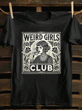 Women'WB shield Cartoon Weird Girl & Letter Print Round Neck Tee, Vintage Trendy Casual Short Sleeve T-shirt for Daily...