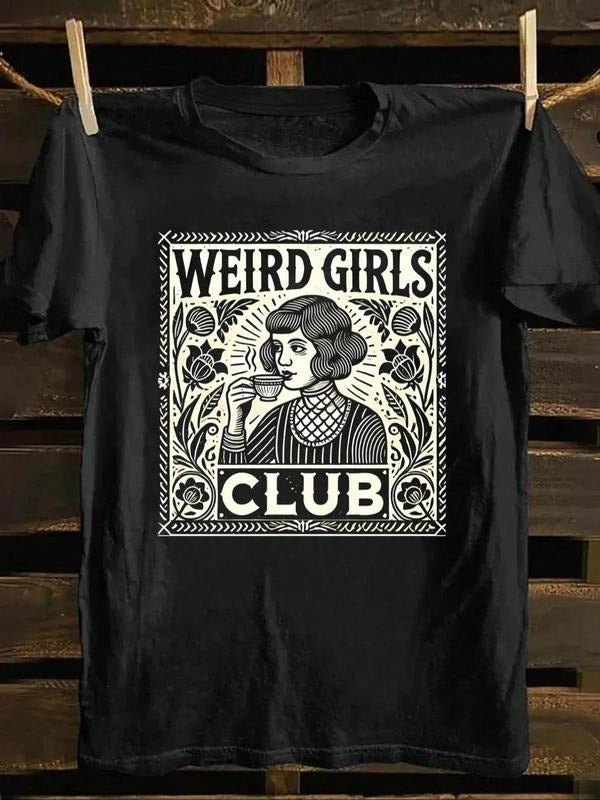 Women'WB shield Cartoon Weird Girl & Letter Print Round Neck Tee, Vintage Trendy Casual Short Sleeve T-shirt for Daily...