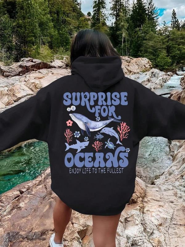 Women'WB shield Cartoon Whale & Letter Print Drop Shoulder TNF Lined Hoodie, Fashion Casual Drawstring Pocket Hooded...