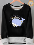 Women'WB shield Cartoon Whale Print TNF Lined Tee, Casual Long Sleeve Round Neck T-shirt for Fall & Winter, Ladies TNF...