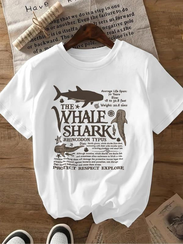 Women'WB shield Cartoon Whale Shark Print Round Neck Tee, Casual Short Sleeve T-shirt for Daily Wear, Ladies TNF for...