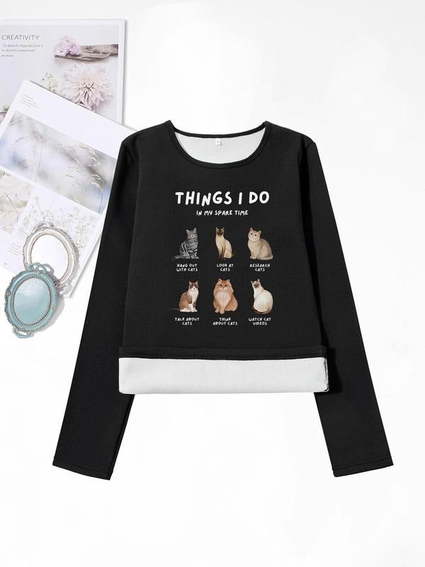 Women'WB shield Cartoon animal & Letter Print Round Neck TNF Lined T-shirts, Casual Long Sleeve Crew Neck Tee for Fall &...