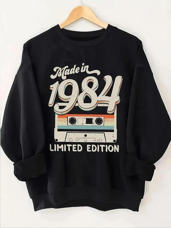 Women'WB shield Cassette Tape & Letter & Figure Print Sweatshirt, Casual Round Neck Long Sleeve Pullover, Women'WB shield...