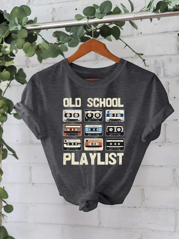 Women'WB shield Cassette Tape Print Round Neck Tee, Casual Fashion Short Sleeve T-shirt for Daily Wear, Ladies Summer...
