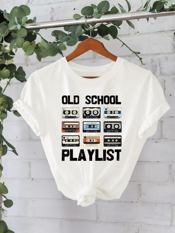 Women'WB shield Cassette Tape Print Round Neck Tee, Fashion Casual Short Sleeve T-shirt for Daily Wear, Ladies Summer...