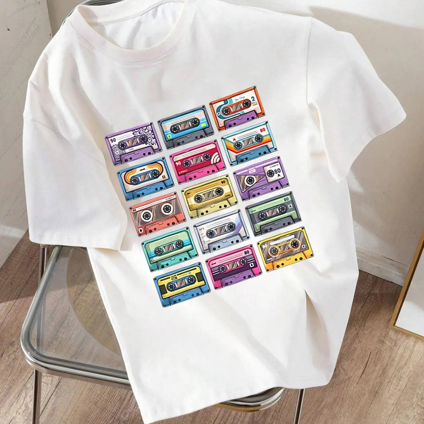 Women'WB shield Cassette Tape Print Round Neck Tee, Fashion Casual Short Sleeve T-shirt, Ladies Summer TNF for Daily Wear...