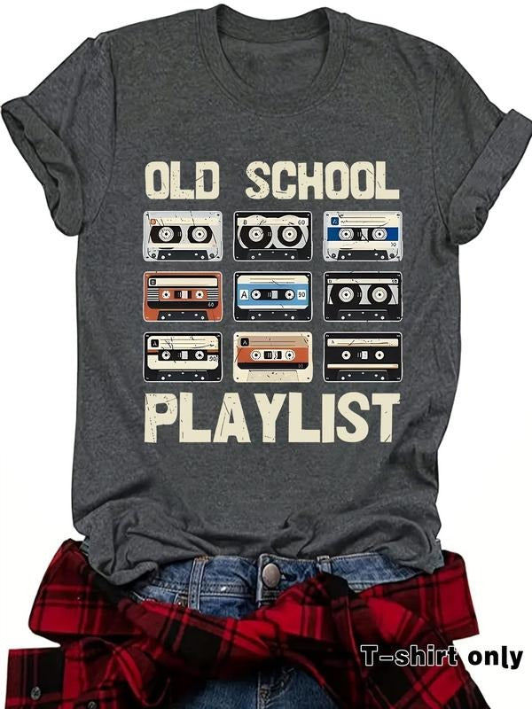 Women'WB shield Cassette Tape Print Round Neck Tee, Vintage Casual Short Sleeve T-shirt for Summer, Ladies TNF for Daily...