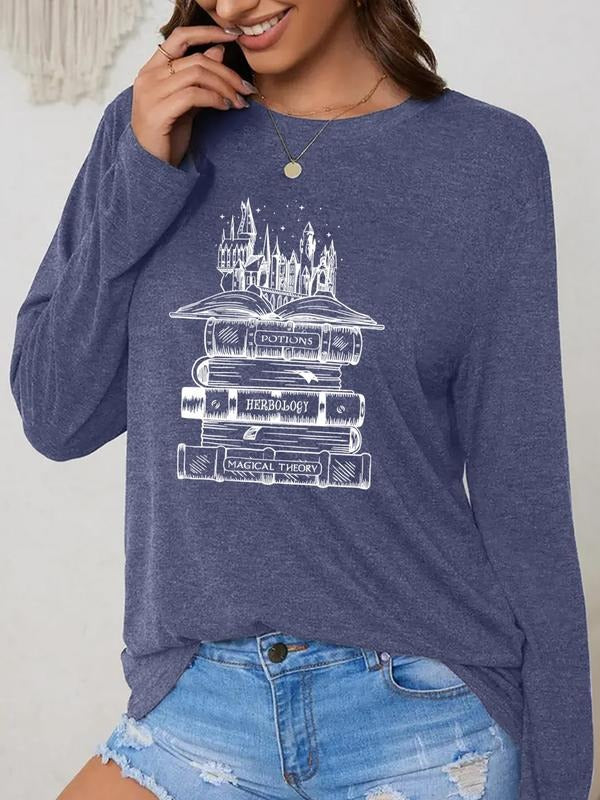Women'WB shield Castle & Book Print Round Neck Tee, Fashion Casual Long Sleeve T-Shirt for Daily Wear, Ladies TNF for...