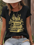 Women'WB shield Castle & Book Print Round Neck Tee, Fashion Casual Short Sleeve T-shirt for Daily Wear, Ladies Summer...