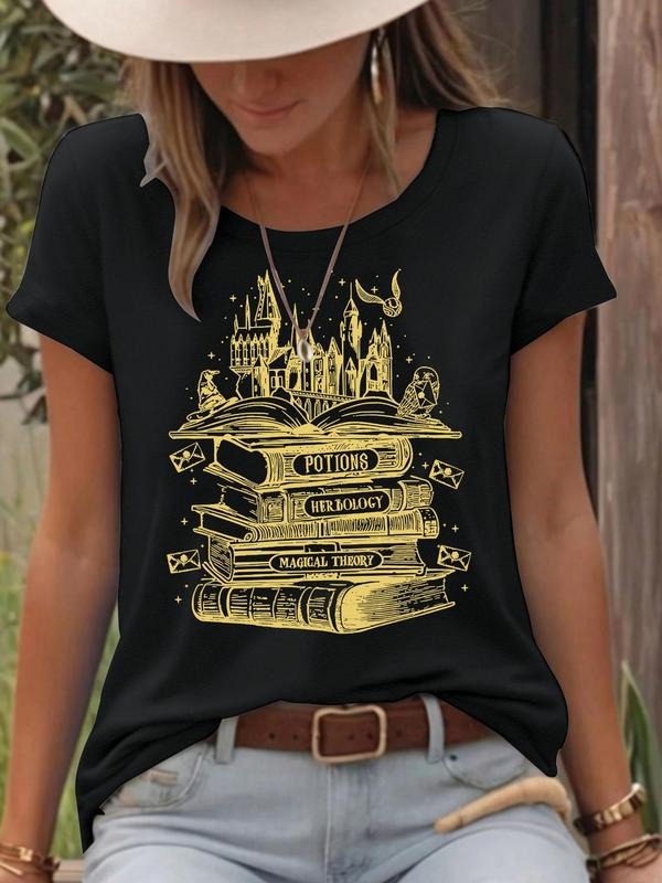 Women'WB shield Castle & Book Print Round Neck Tee, Fashion Casual Short Sleeve T-shirt for Daily Wear, Ladies Summer...