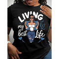 Women'WB shield Casual Crew Neck T-Shirt with "Living My Best Life" Portrait Graphic Print, 100% Polyester Knit Fabric,...