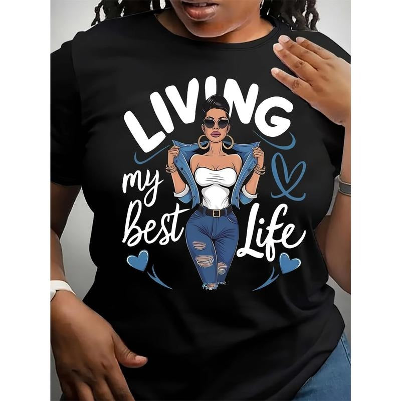 Women'WB shield Casual Crew Neck T-Shirt with "Living My Best Life" Portrait Graphic Print, 100% Polyester Knit Fabric,...